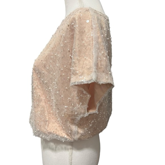 Main Strip Sequin & Pearl Blouse Top Off White/Champagne Short Sleeve Small NWT - Picture 3 of 15